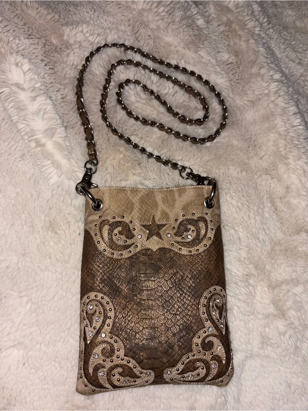 Studded Brown-Tan Crossbody Bag with Chain Strap